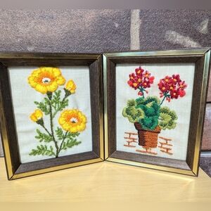 Vintage set of 2 Crewel stitched pictures